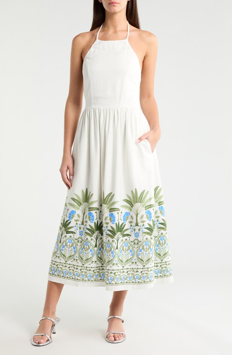 SUGARLIPS Senara Placed Print Halter Neck Dress, Main, color, White-Green-Multi