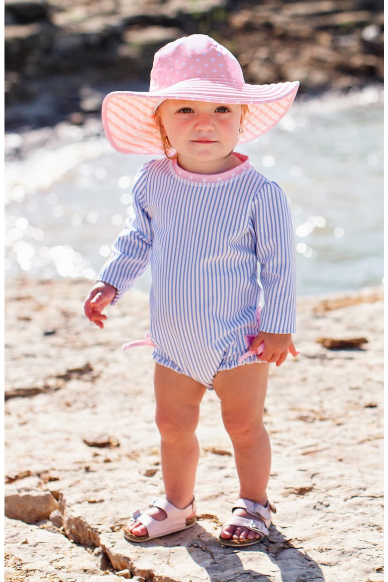 Seersucker One-Piece Rashguard Swimsuit & Hat Set, Alternate, color, BLUE