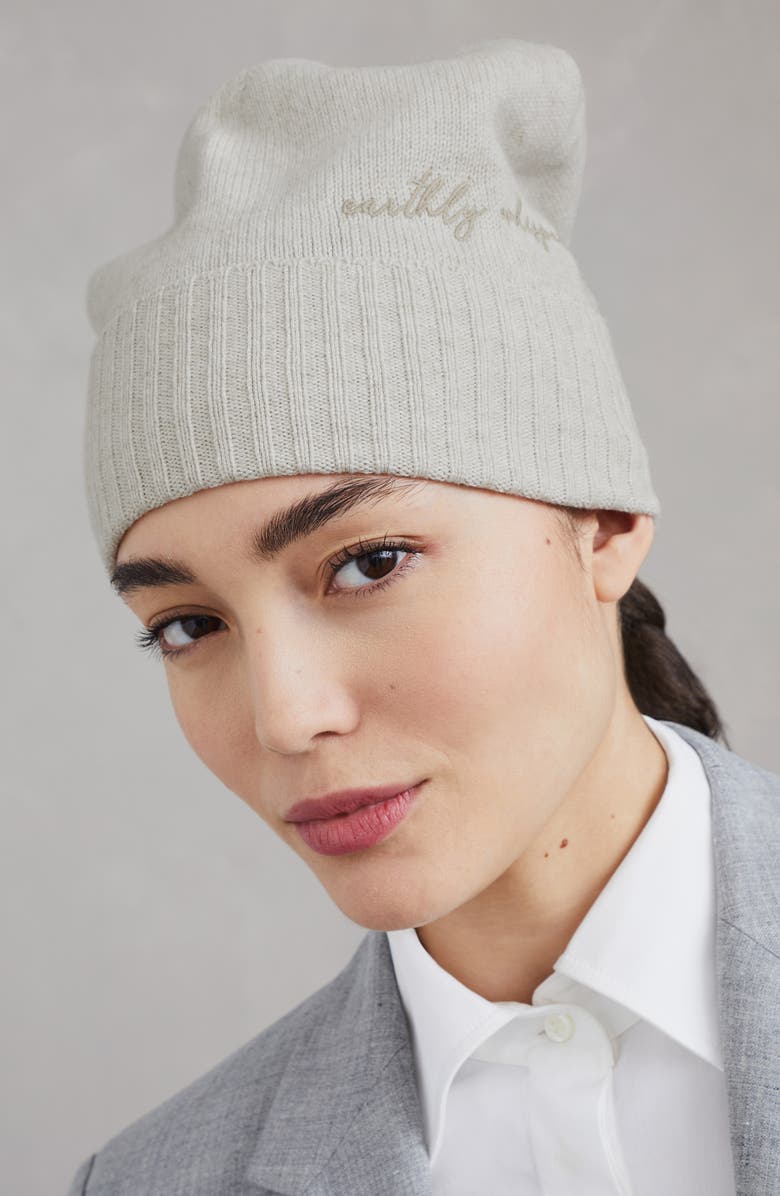Brunello Cucinelli Virgin wool, cashmere and silk knit beanie with embroidery, Alternate, color, 