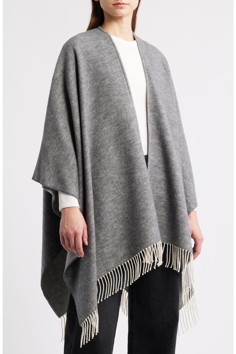 Fringe Trim Cotton Wool & Cashmere Poncho, Main, color, ASH