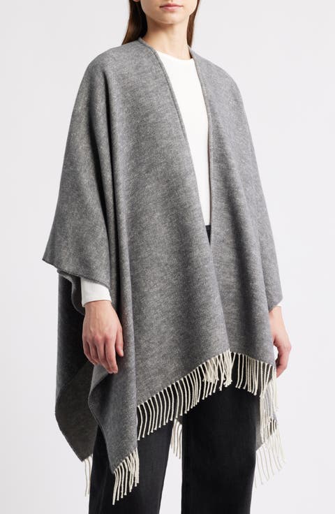Fringe Trim Cotton Wool & Cashmere Poncho