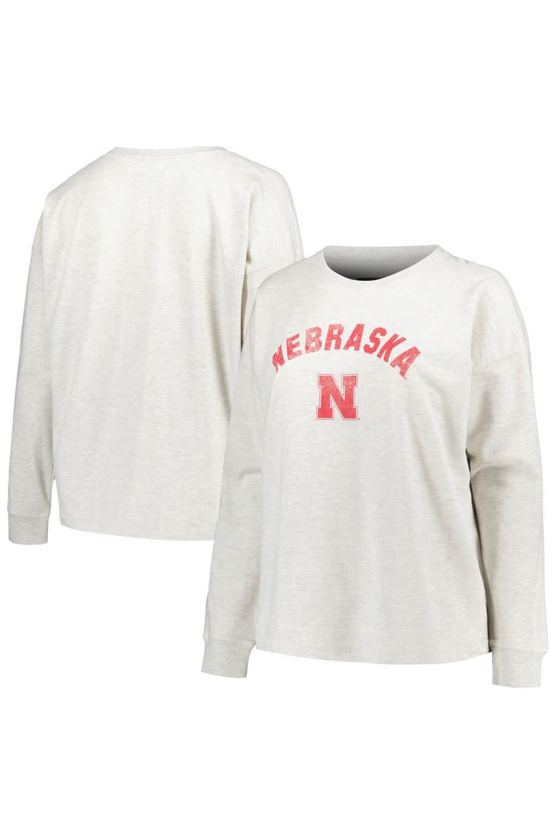 Women's Profile Oatmeal Nebraska Huskers Plus Size Distressed Arch Over Logo Neutral Boxy Pullover Sweatshirt, Alternate, color, Oatmeal