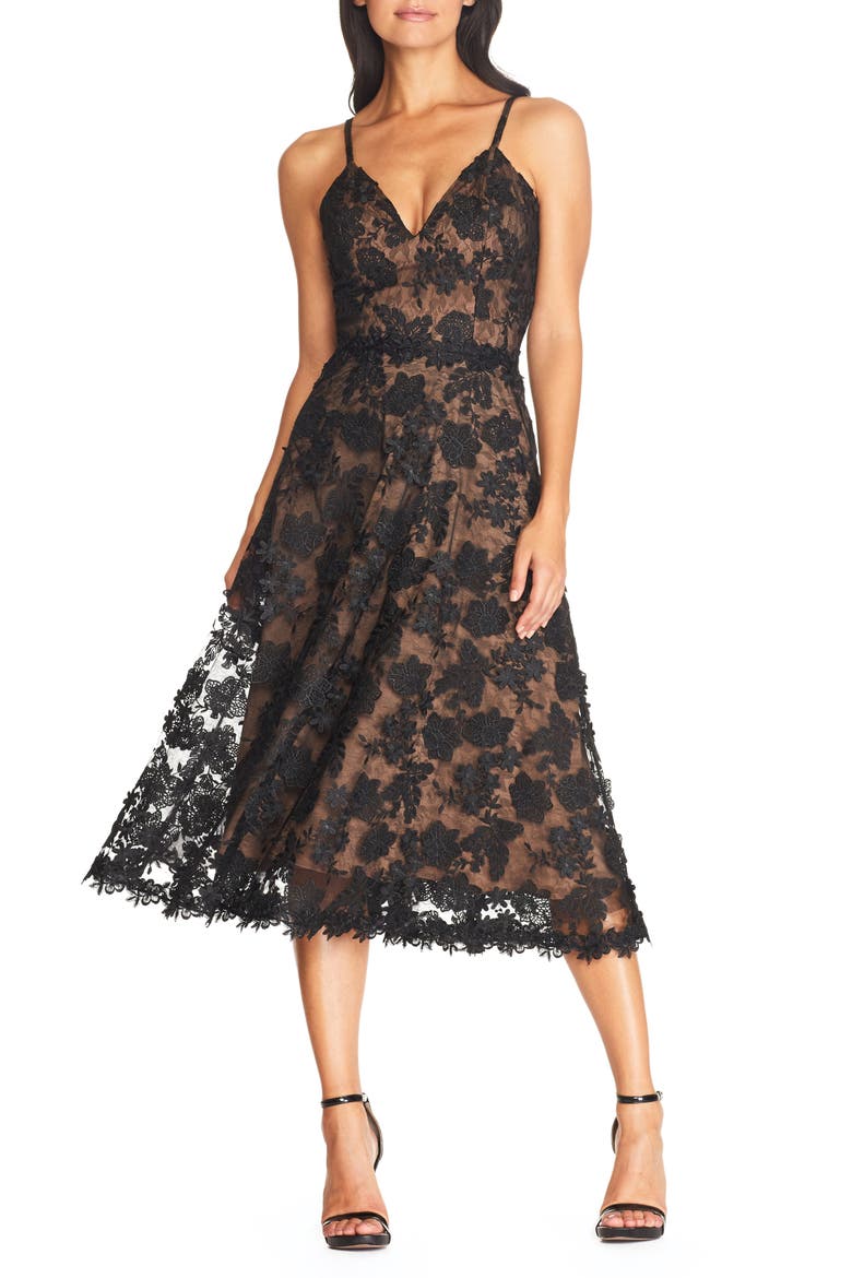 Tahani Floral Embroidered Fit & Flare Midi Dress, Main, color, BLACK/NUDE