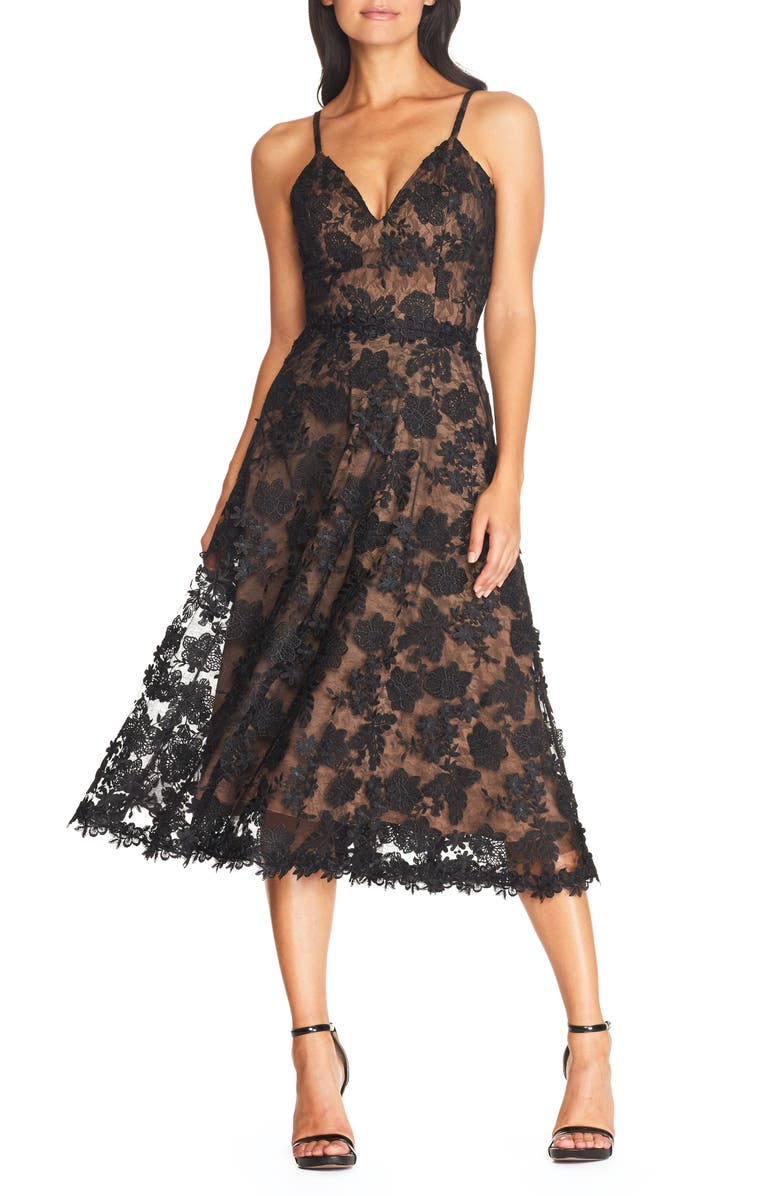 Dress the Population Tahani Floral Embroidered Fit & Flare Midi Dress, Main, color, Black-Nude