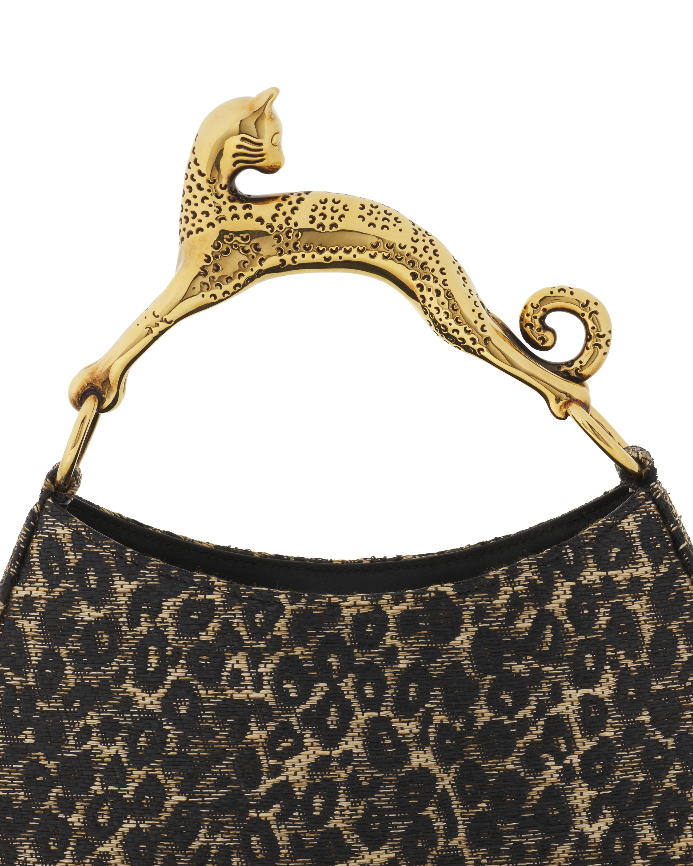 Lanvin Hobo Cat Small Raffia Bag With A Leopard Print And Cat Handle, Alternate, color, Beige/Black