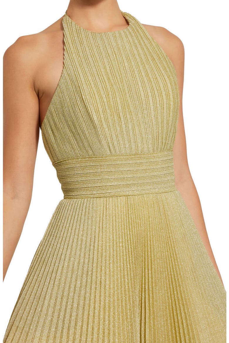 Shimmering Pleated High Neck Open Back Gown, Alternate, color, Gold
