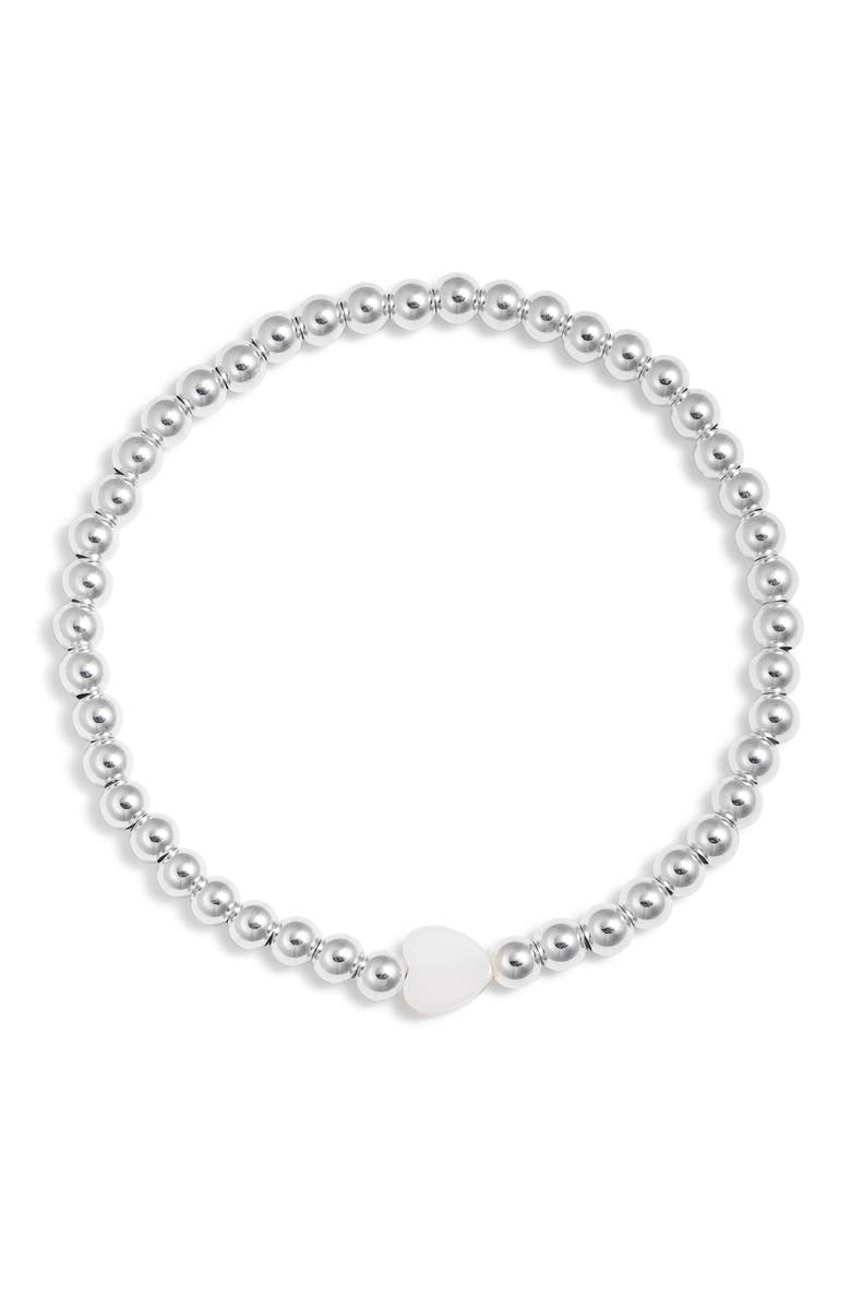 Nashelle Heart & Bead Stretch Bracelet, Main, color, Sterling Silver