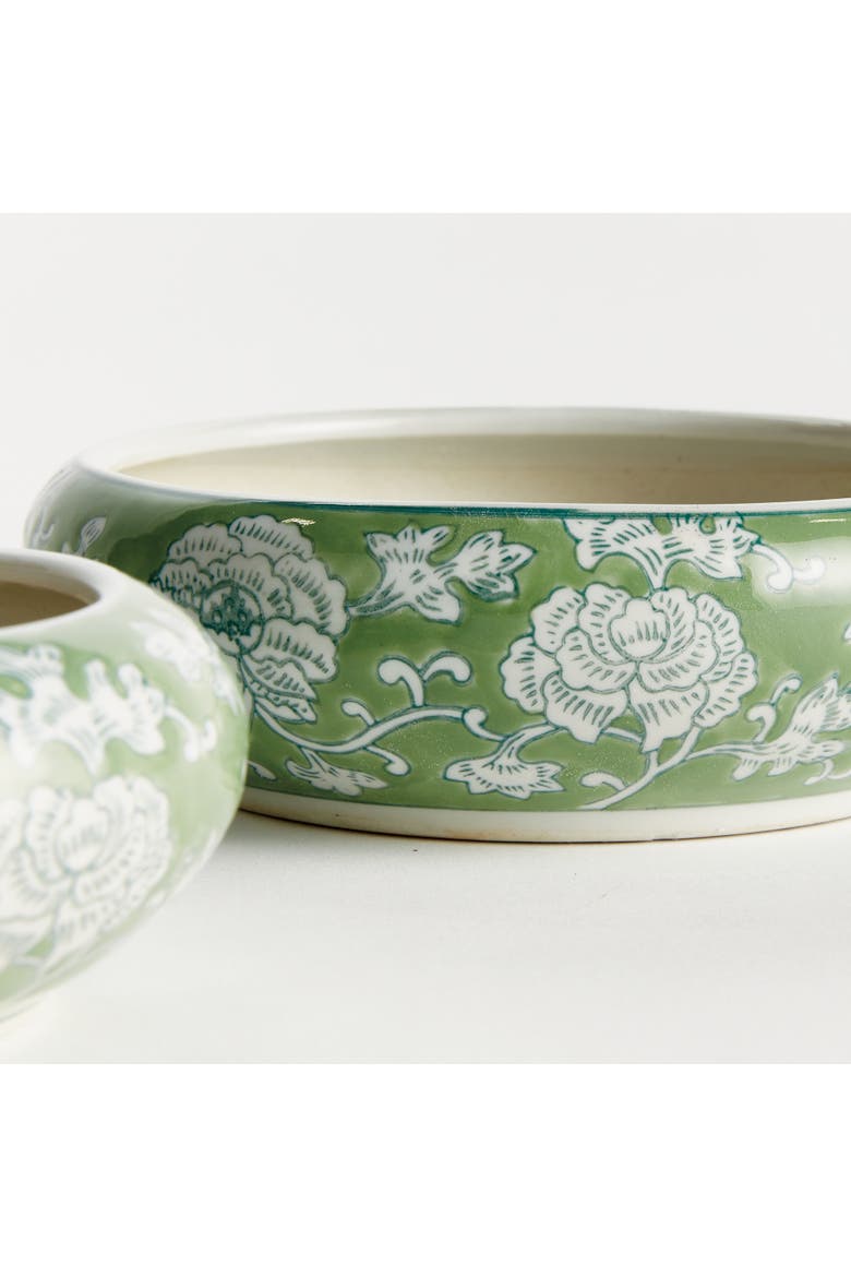 Green & White Ceramic Imperial Lotus Low Pots, Set of 2, Alternate, color, Green