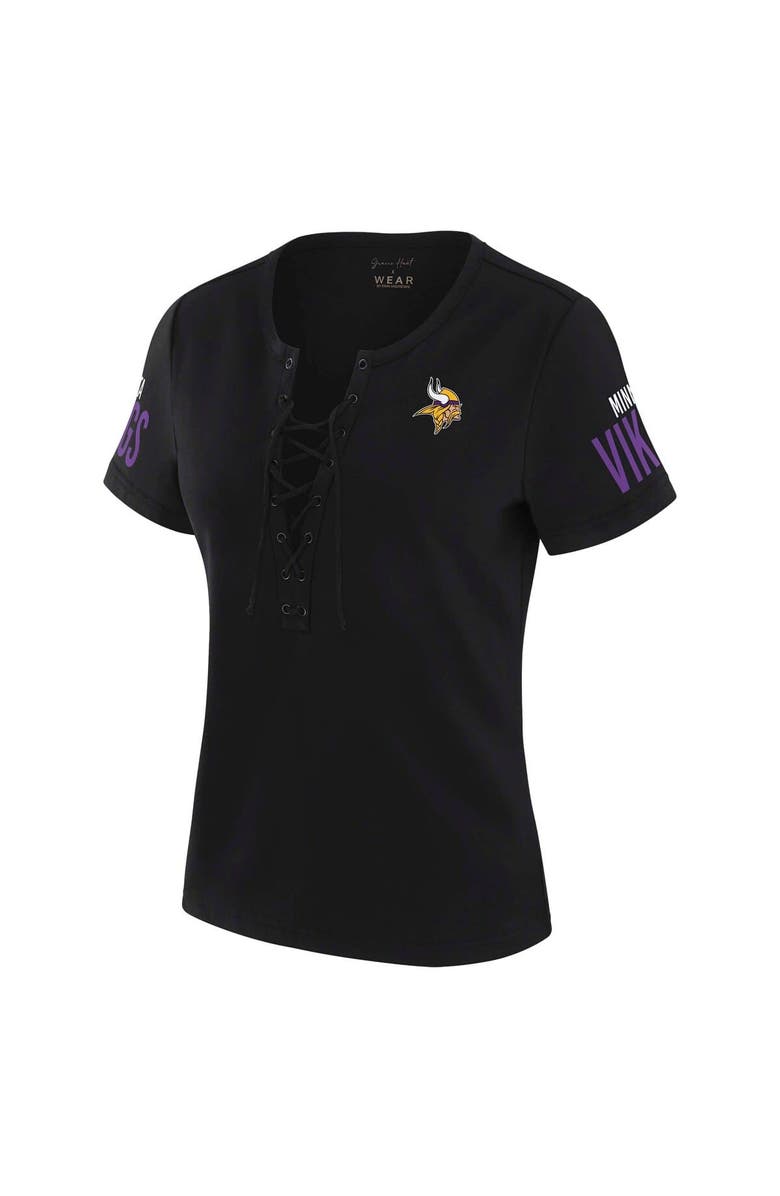 WEAR by Erin Andrews Women's WEAR by Erin Andrews x Gracie Hunt Black Minnesota Vikings Draft Me Lace-Up T-Shirt, Alternate, color, 