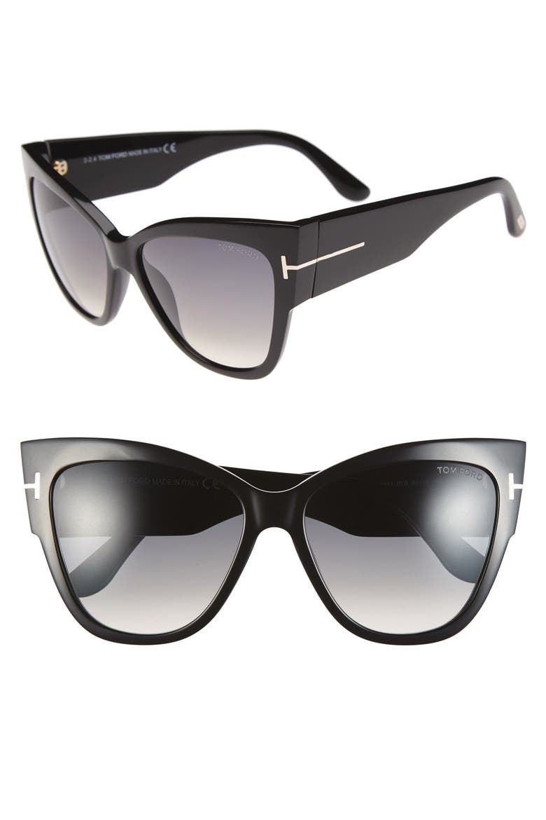 Anoushka 57mm Gradient Cat Eye Sunglasses, Main, color, SHINY BLACK/ GRADIENT GREY