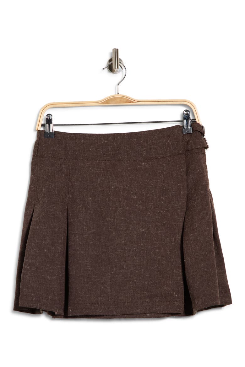 Buckle Wrap Pleated Miniskirt, Main, color, BROWN MELANGE