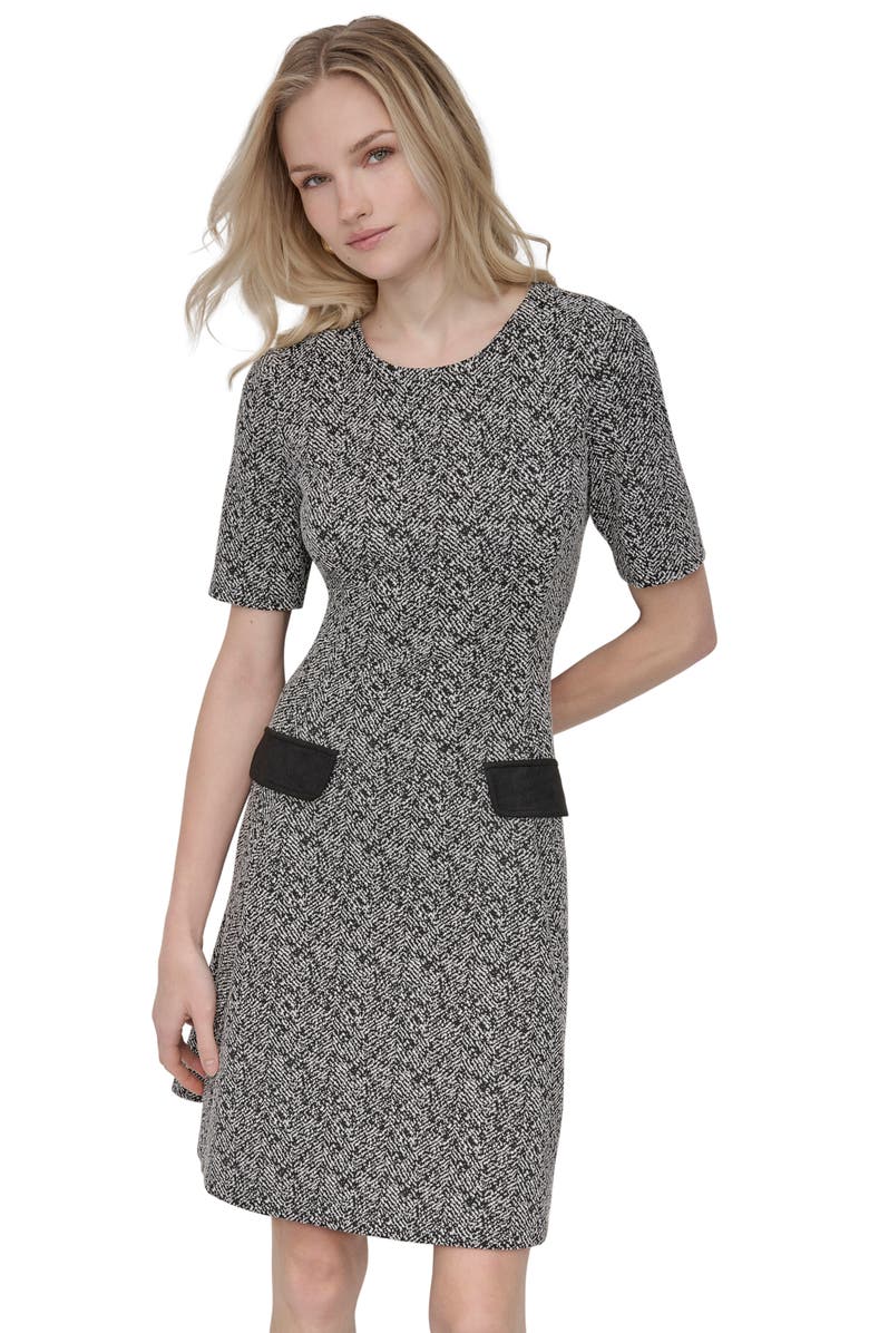 DKNY Contrast Pocket Fit & Flare Dress, Alternate, color, Black/Ivory