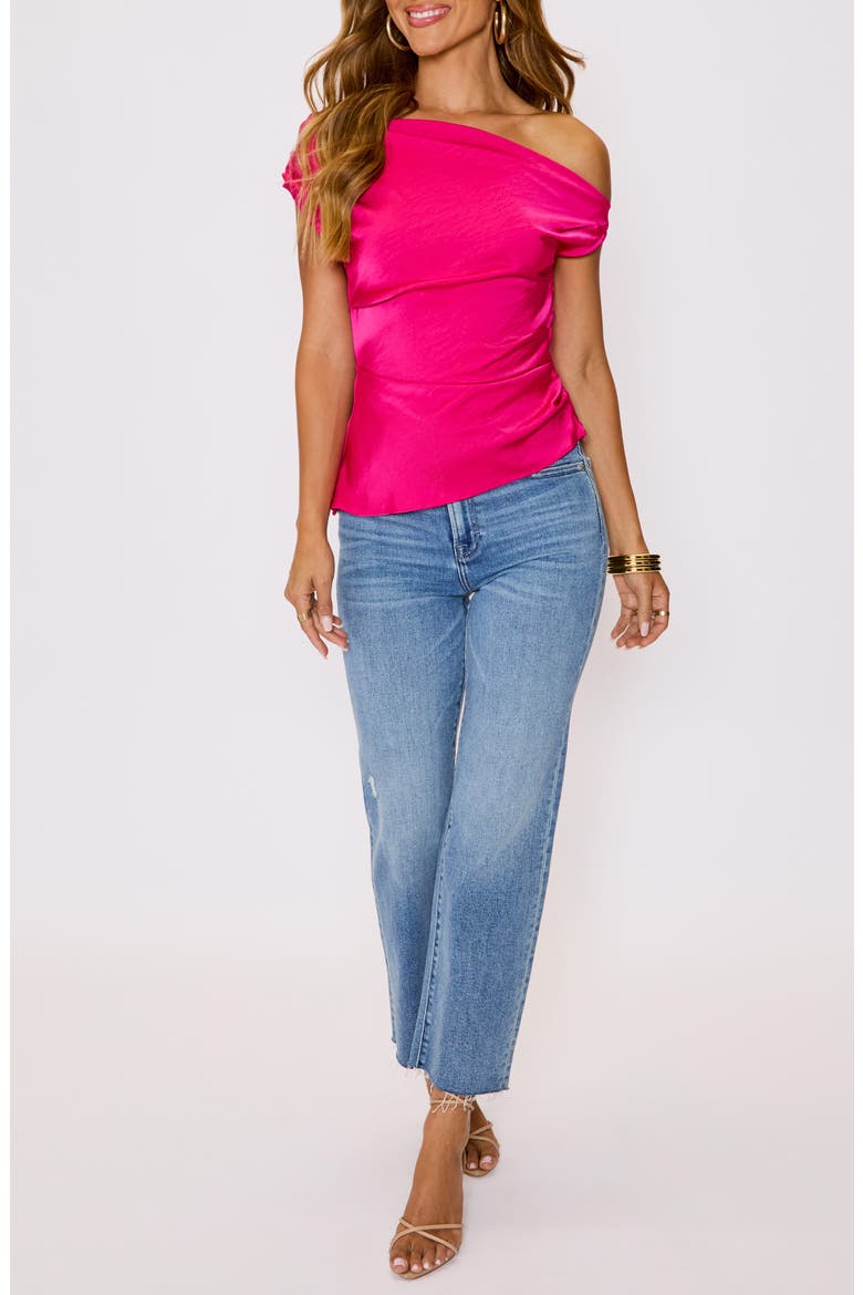Date Night One-Shoulder Ruched Satin Top, Alternate, color, FUCHSIA