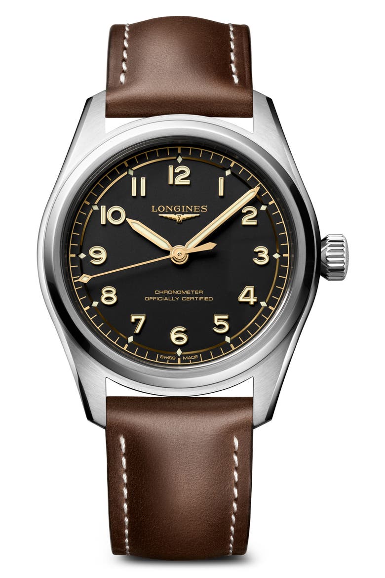Spirit Pilot Leather Strap Watch, 39mm, Main, color, BLACK