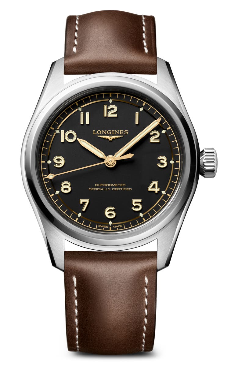 Longines Spirit Pilot Leather Strap Watch, 39mm, Main, color, Black