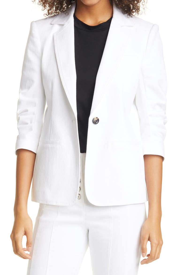 Khloe Ruched Sleeve Denim Blazer, Main, color, WHITE