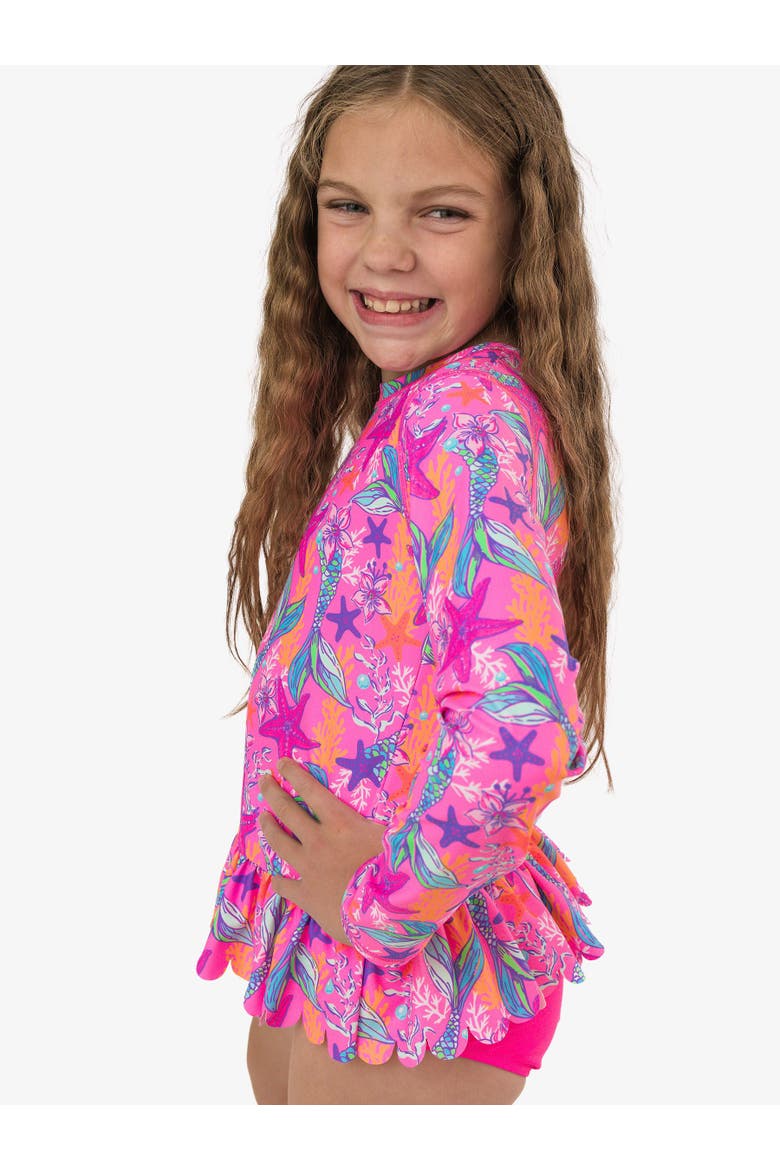 Scallop Hem Long Sleeve Rash Guard 2-Piece Bikini Swimsuit, Alternate, color, Neon Shimmer Mermaid