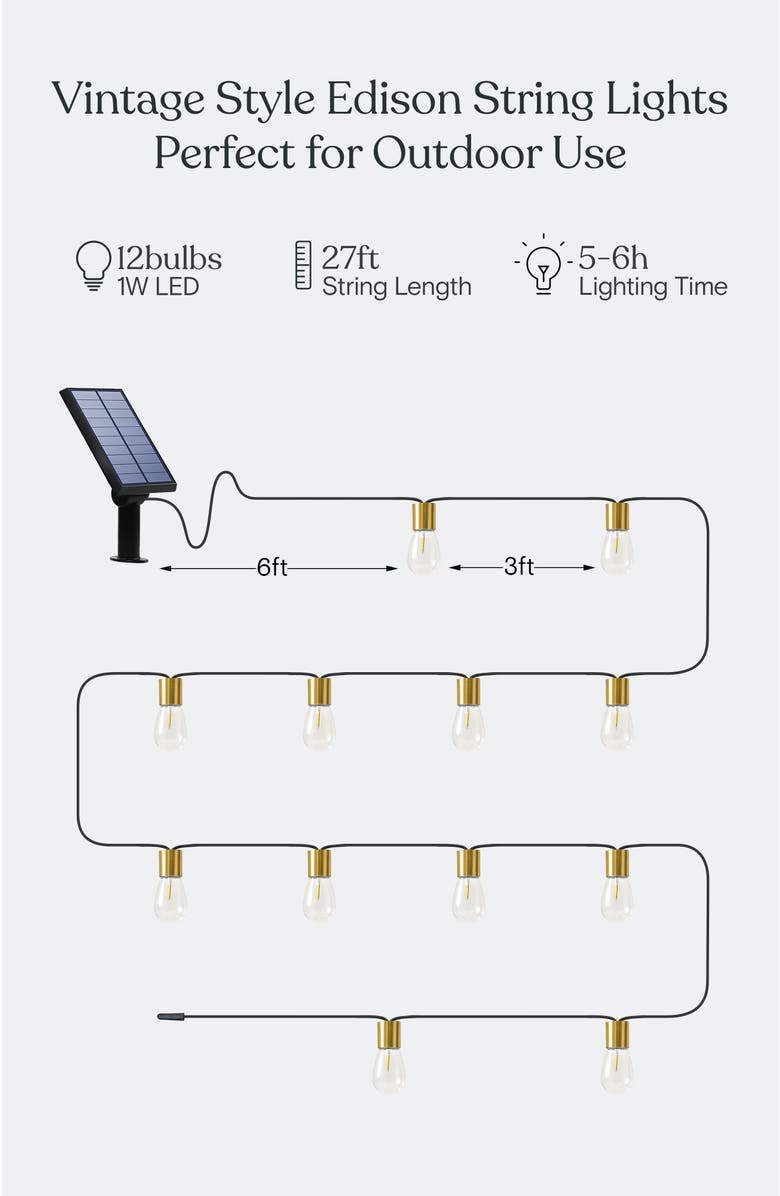 Brightech 28 ft, 12 Light Solar Powered Heavy Duty LED Outdoor String Lights, Gold Accent Brass Socket, Weatherproof Bulbs, Alternate, color, 28 Ft 12 Bulbs | Warm White