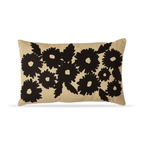 Floral Embroidered Beige Lumbar Cotton Throw Pillow