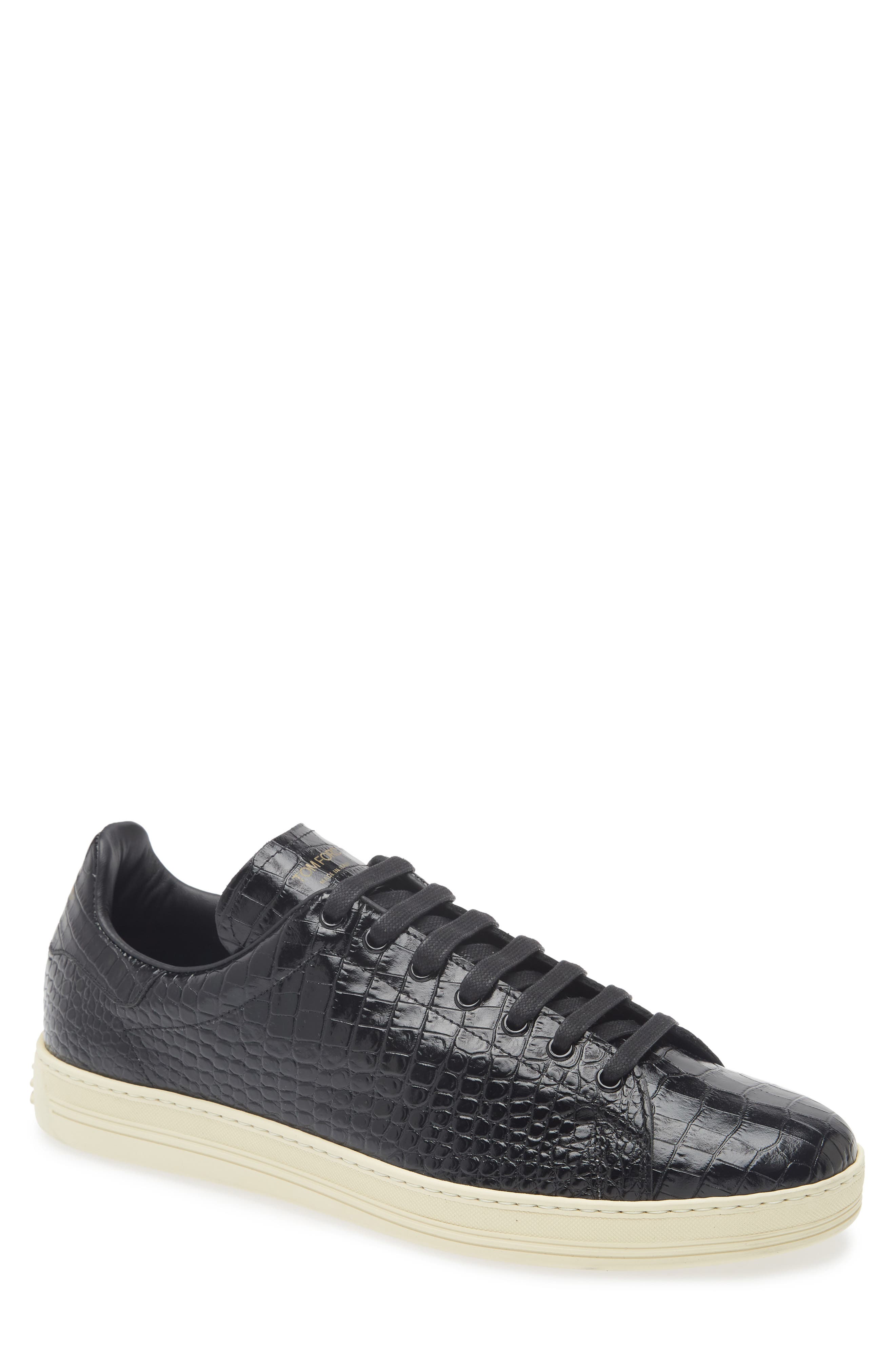 TOM FORD Croc Embossed Low Top Sneaker, Main, color, 3Nw02 Black/ Cream