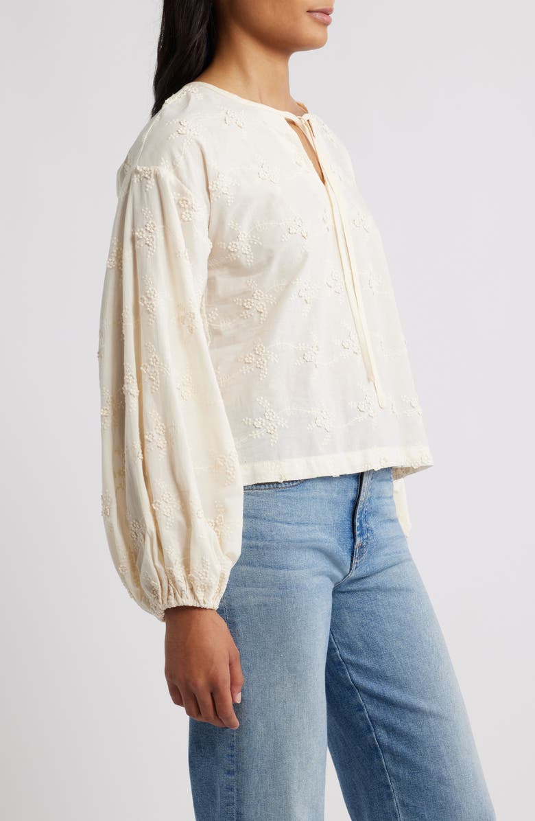 Bobeau Balloon Sleeve Tie Neck Cotton Top, Alternate, color, Cream