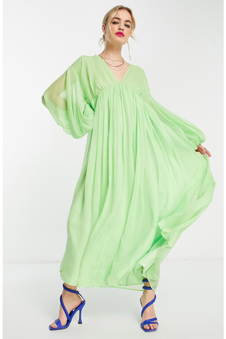 Deep V-Neck Long Sleeve Midi Dress, Alternate, color, LIGHT GREEN