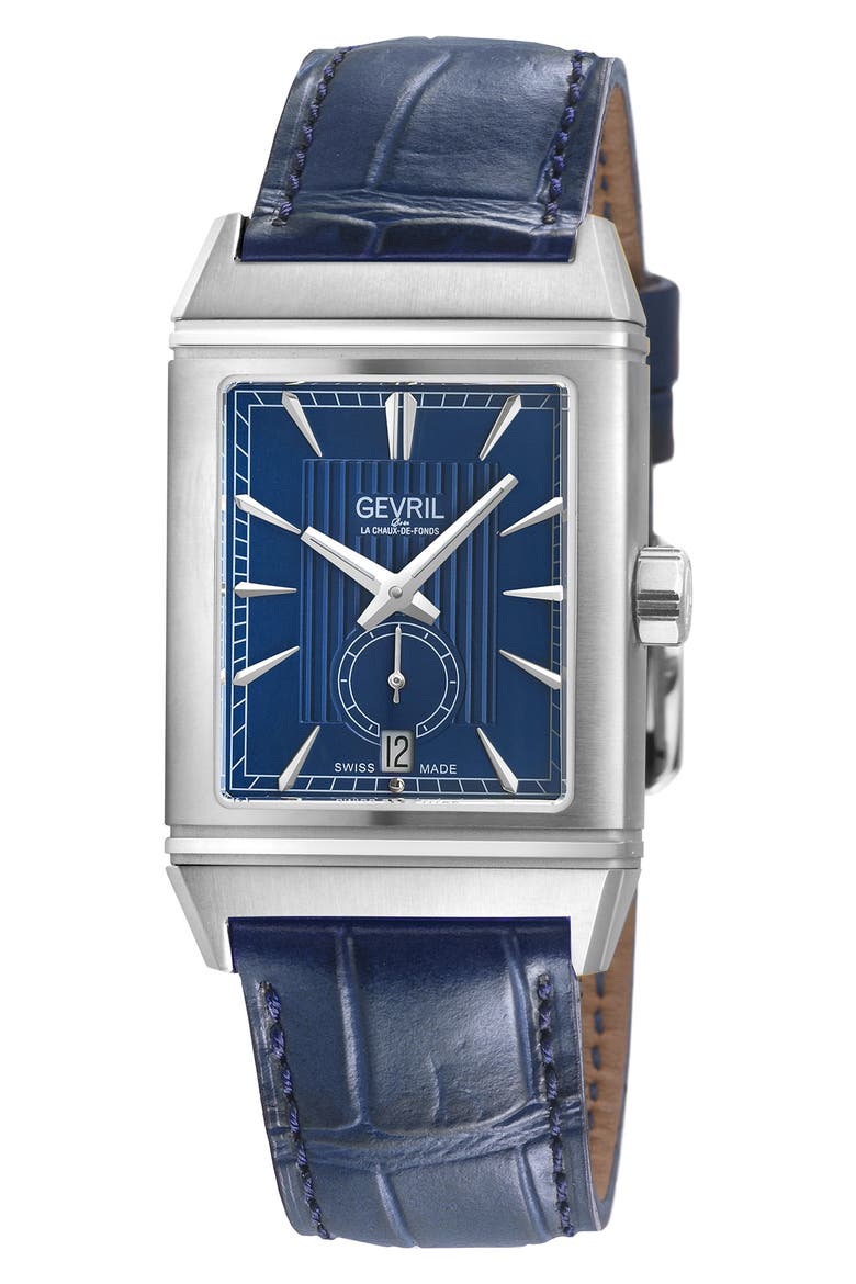 Time Square Swiss Automatic Leather Strap Watch, 31mm x 43mm, Main, color, BLUE