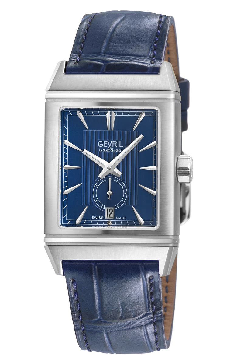GEVRIL Time Square Swiss Quartz Leather Strap Watch, 31mm x 43mm, Main, color, Blue