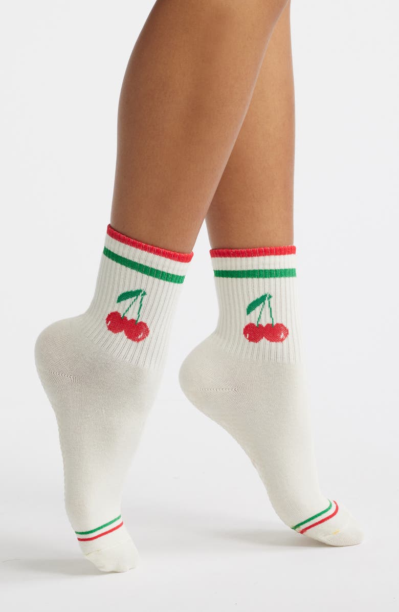 Stems Cherry Metallic Stripe Grippy Crew Socks, Main, color, Ivory