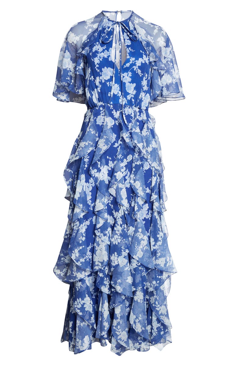 Carolina Herrera Floral Print Ruffle Silk Chiffon Midi Dress, Alternate, color, Nautilus Multi