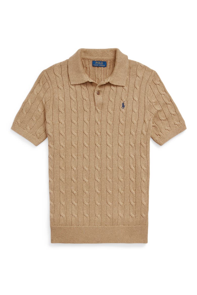 Cable-Knit Cotton Polo Sweater, Alternate, color, CAMEL MELANGE