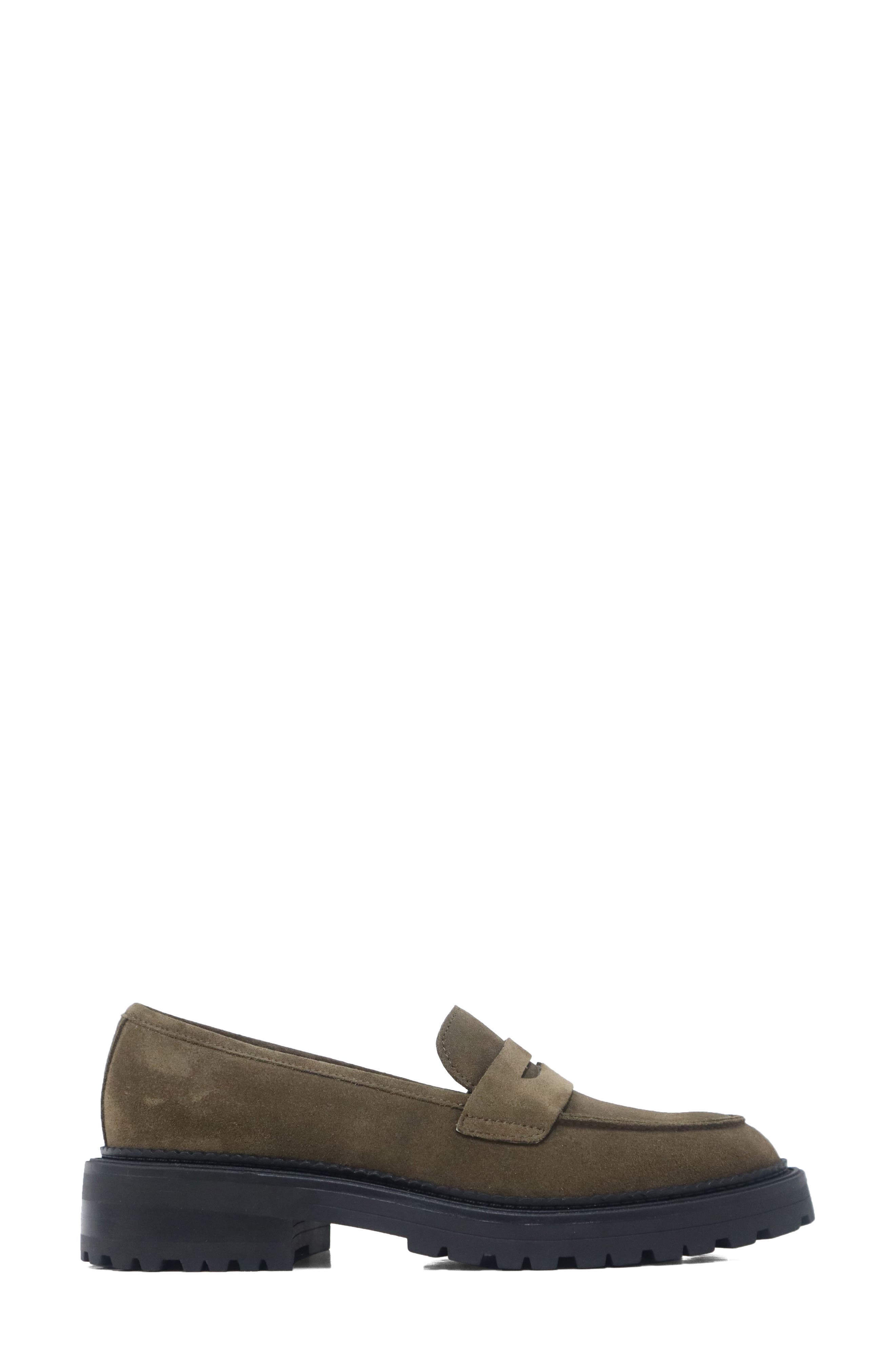 Fatima Lug Sole Penny Loafer, Alternate, color, DEEP SAGE SUEDE