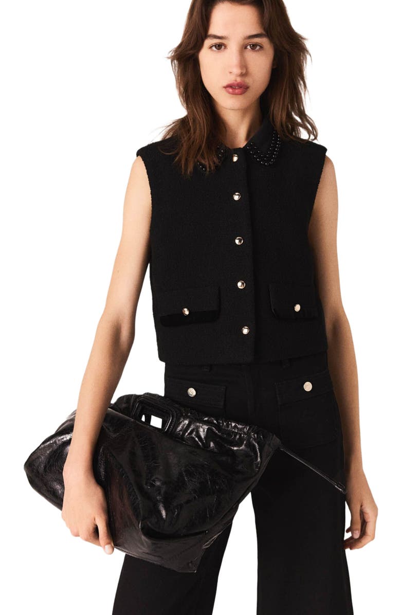maje Tweed top with removable collar, Alternate, color, Black