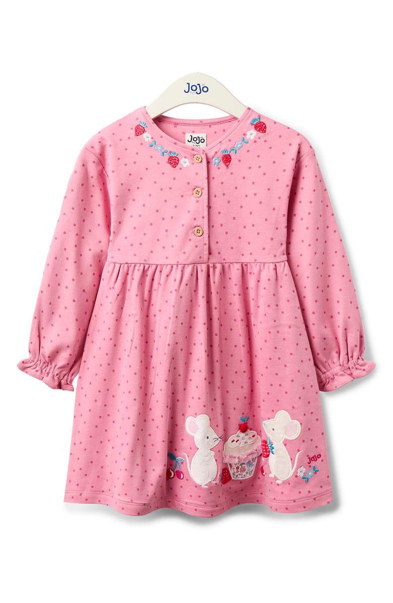 JOJO MAMAN BEBE Mouse Embroidered Long Sleeve Cotton Dress, Main, color, Pink