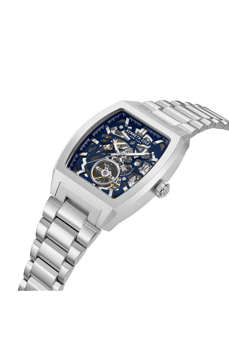 Kenneth Cole New York The Hollis Tonneau Skeleton Automatic Bracelet Watch, 40mm x 52.5mm, Alternate, color, Silver