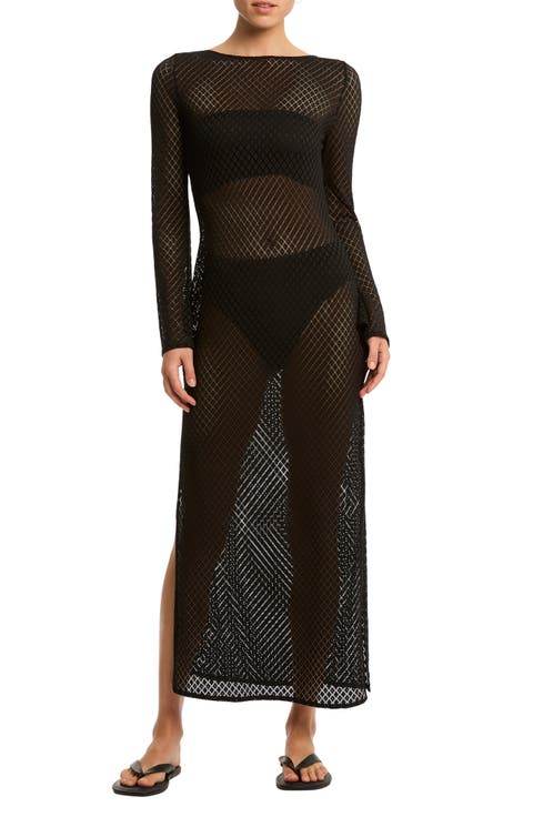 x India Hicks Long Sleeve Sheer Lace Cover-Up Dress