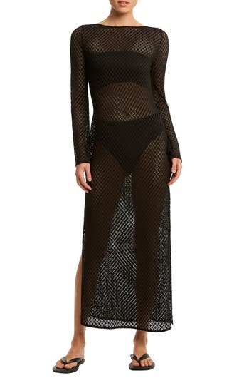 Sea Level X India Hicks Long Sleeve Sheer Lace Cover-up Dress In Black