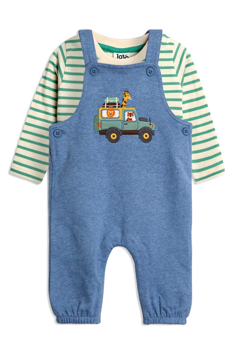 JOJO MAMAN BEBE Stripe Long Sleeve T-Shirt & Safari Truck Appliqué Overalls Set, Main, color, Denim