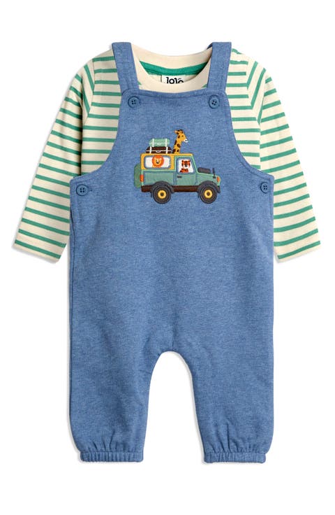 Stripe Long Sleeve T-Shirt & Safari Truck Appliqué Overalls Set (Baby)