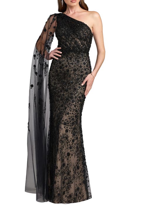 Embellished One-Shoulder Cape Gown