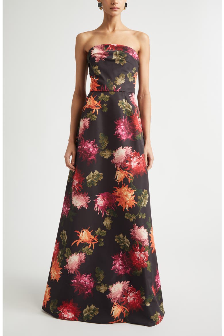 Chrysanthemum Print Strapless Faille Gown, Main, color, BLACK MULTI