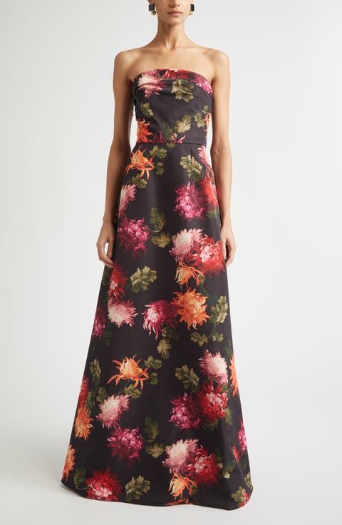 Chrysanthemum Print Strapless Faille Gown