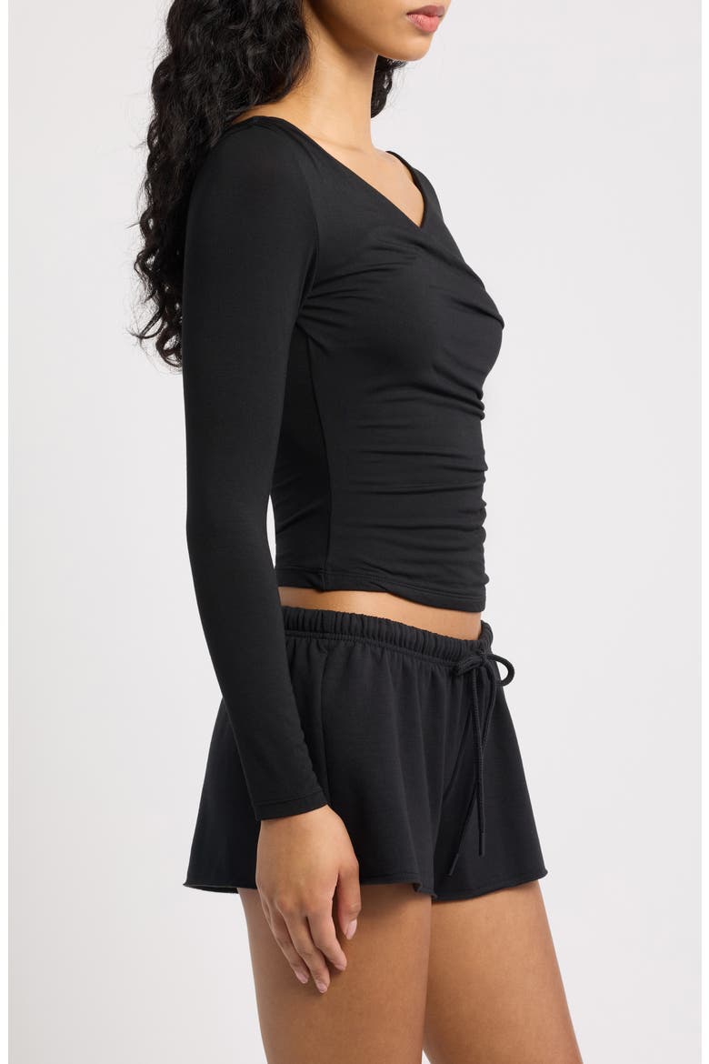 That's a Faux Wrap Ruched Crop Top, Alternate, color, BLACK