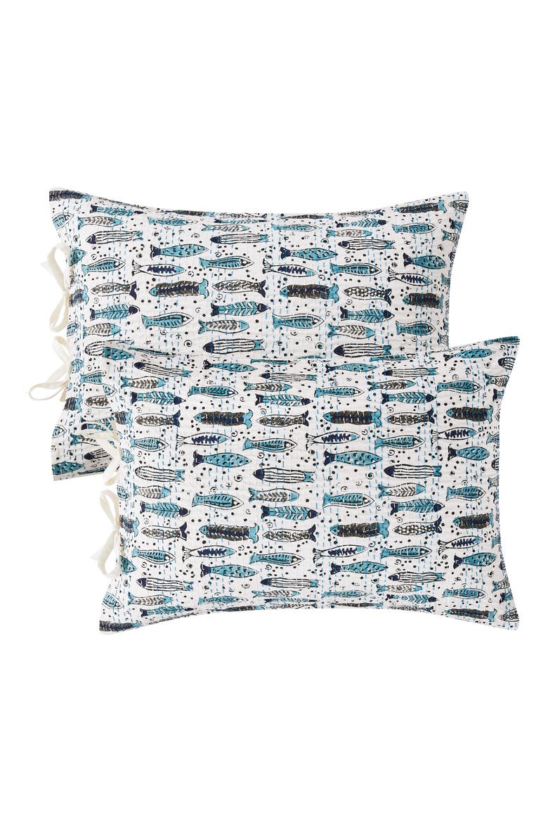 Fish Handstitched Kantha Set of 2 Cotton Shams, Main, color, INDIGO