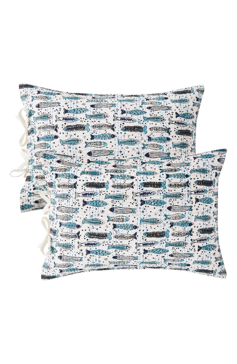 MELANGE HOME Fish Handstitched Kantha Set of 2 Cotton Shams, Main, color, Indigo