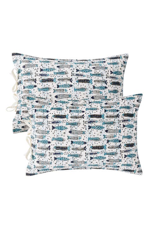 Fish Handstitched Kantha Set of 2 Cotton Shams