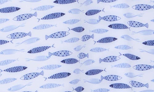 Construct Fish Print Short Sleeve Stretch Button-down Shirt In White/blue