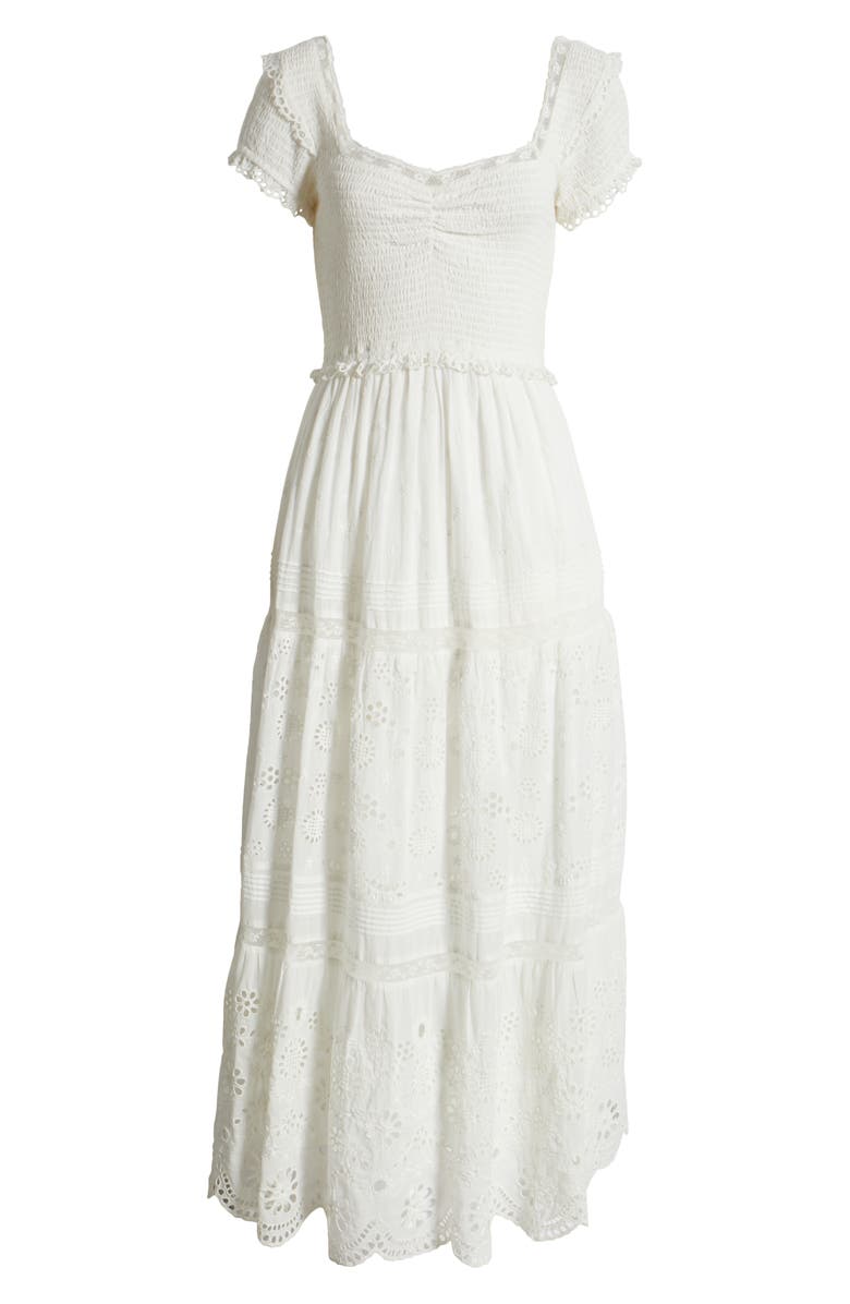 LoveShackFancy Bisolet Lace Trim Tiered Sundress, Alternate, color, Optic White