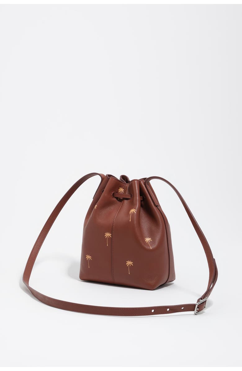 Bimba y Lola Small Palms print leather Carlino bucket bag, Alternate, color, Nut