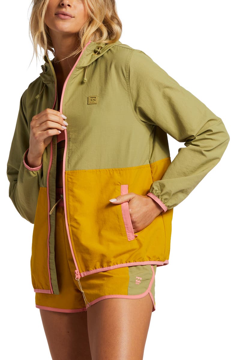 Billabong Windy Trails Colorblock Water Repellent Zip-Up Hooded Jacket, Alternate, color, Green Multi